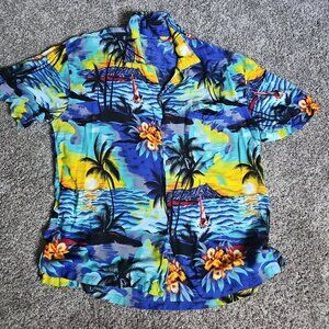 Vintage Island Sunset Hawaiian Button Down Men's XL Blue Floral Pocket